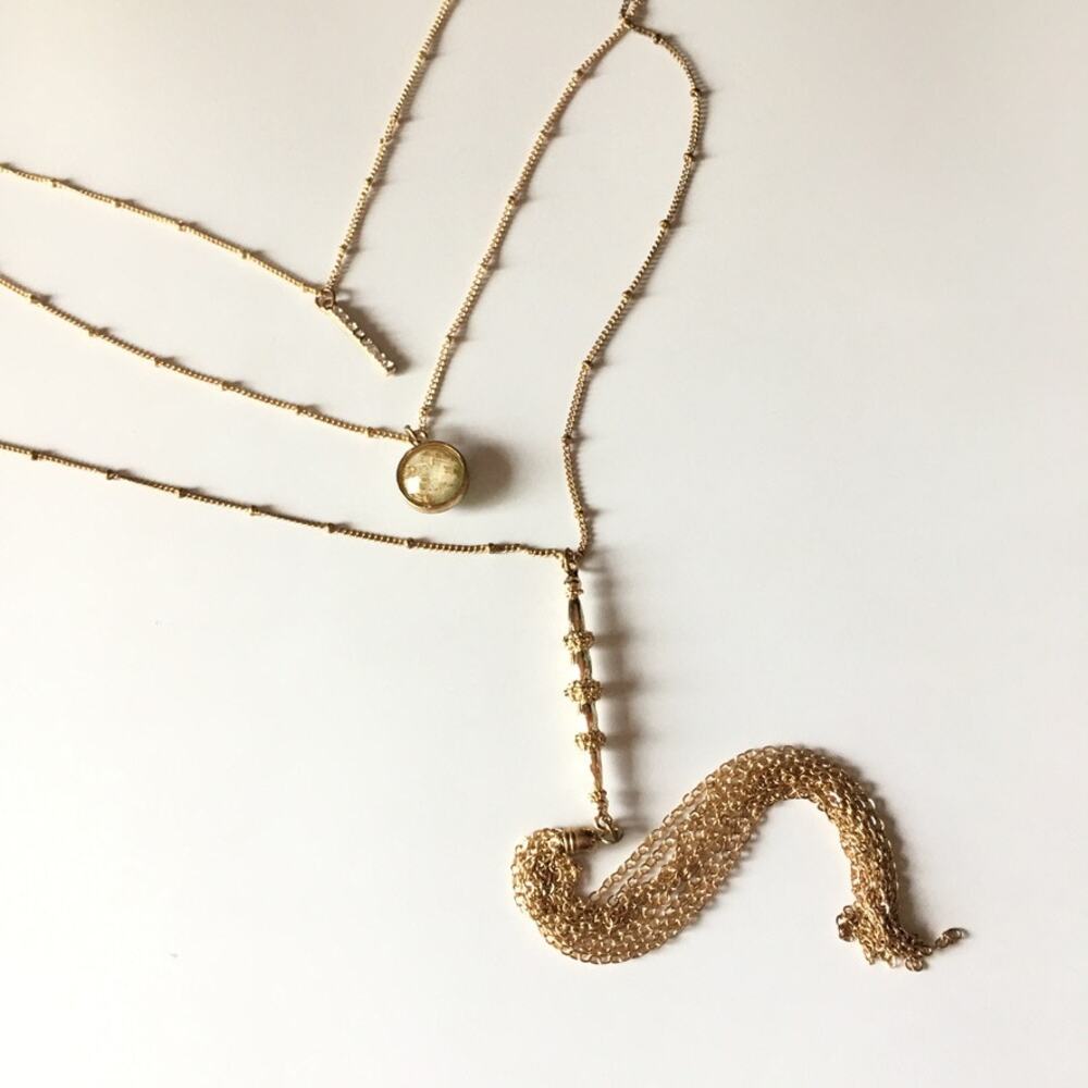 Boho gold tone three strand layered necklace